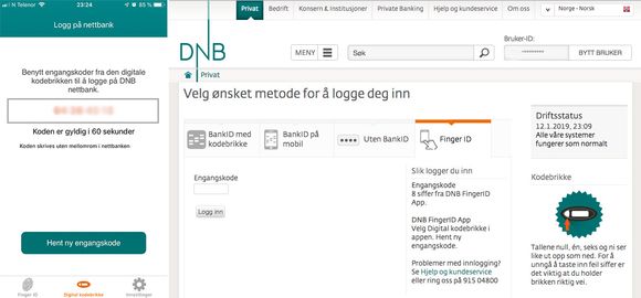 Innlogging i DNBs nettbank med en engangskode. <i>Skjermbilde:  Jonny Rein Eriksen</i>