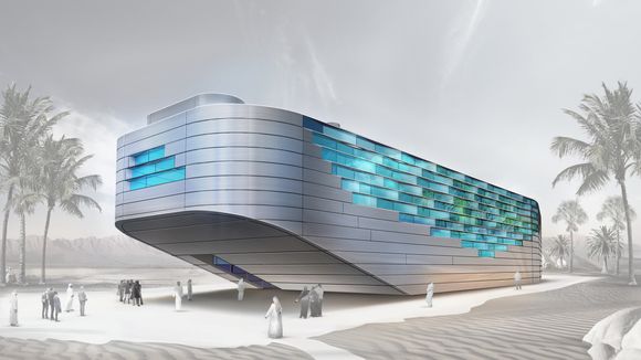 Norges paviljong, EXPO 2020, med fasadekledning i aluminium. <i>Illustrasjon:  RINTALA-EGGERTSSON ARCHITECTS / EXPOMOBILIA / FIVE CURRENTS</i>