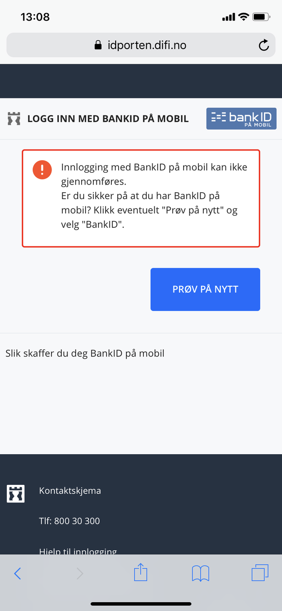 Feilmelding ved forsøk på innlogging via BankID på mobil med Telia-abonnement. Mye tyder på at også disse problemene er knyttet til ID-porten, noe URL til feilmeldingen viser. <i>Skjermbilde:  digi.no</i>