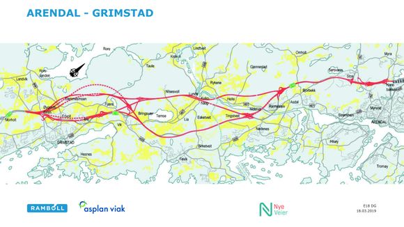 Kartillustrasjon Arendal - Grimstad <i>Illustrasjon:  Rambøll, Asplan Viak, Nye Veier</i>
