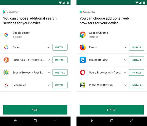 De kommende skjermene for valg av søkeapper og nettlesere i Android vil inneholde fem alternativer. inkludert dem som allerede er installert. Det er derfor ikke sikkert oversiktene vil inneholde alle de samme alternativene som vist i bildet. <i>Skjermbilde: Google</i>