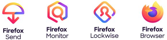De fire nye logoene som representerer Firefox-produktene Send, Monitor, Lockwise og Browser. <i>Illustrasjon: Mozilla</i>