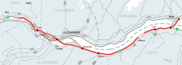 Strekningen som skal bygges ut, går fra Roterud nord for Biri til Storhove like nord for Lillehammer. <i>Illustrasjon:  Nye Veier</i>