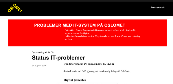 Slik ser nettsidene til Oslomet ut ved 14-tiden tirsdag. <i>Foto:  digi.no</i>