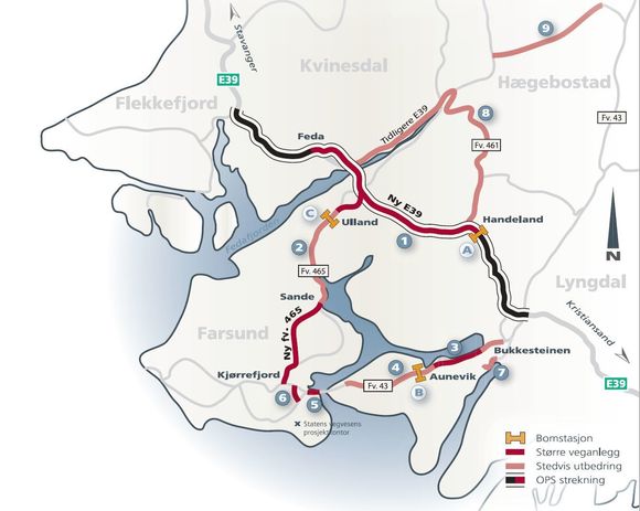 Oversiktskart over de tre bomstasjonene som utgjorde Listerpakken . <i>Illustrasjon:  Statens vegvesen</i>