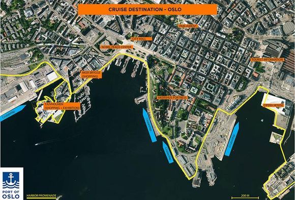 Oslo har fire cruiseterminaler, merket med blått på kartet. Nå kan en eller flere bli fjernet; bare Vippetangen (til høyre) kan bli igjen.  <i>Foto:  Ill. Oslo Havn</i>