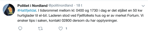 En ikke helt vanlig tweet fra nordlandspolitiet. <i>Skjermbilde:  Politiet i Nordland på Twitter</i>