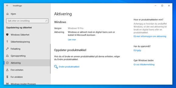 Aktiveringsseksjonen i innstillingene i Windows 10. <i>Skjermbilde: digi.no</i>