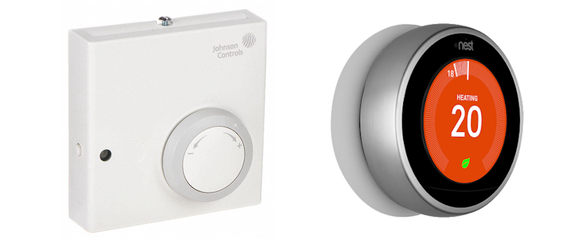 Sammenligning av en mer tradisjonell, kablet termostat og Google Nest (t.h). <i>Bilde: Johnson Control / Google</i>