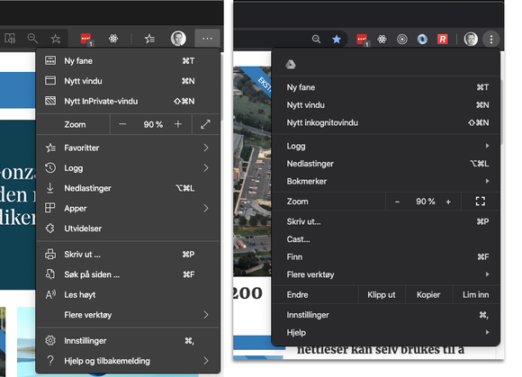 Menyene til Edge (til venstre) og Chrome er ganske like.