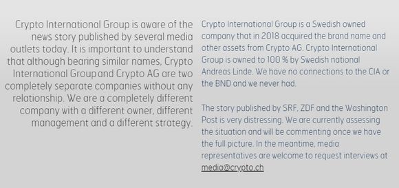 Uttalelse om avsløringene, gjengitt på nettstedet til Crypto International. <i>Skjermbilde: digi.no</i>
