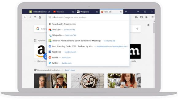 Firefox 75 inkluderer flere endringer i adresse- og søkefeltet, inkludert hurtig visning av de nettstedene brukeren besøker mest. <i>Skjermbilde: Mozilla</i>
