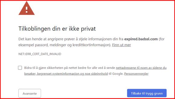 Chrome-advarsel om utløpt TLS-sertifikat på testnettstedet badssl.com. <i>Skjermbilde: Digi.no</i>