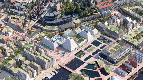 Inne på land ser Asplan Viak for seg både pyramideformede og spisse, Bryggen-inspirerte bygg. Nesten alle med grønne tak. <i>Illustrasjon: Team Asplan Viak/Mad</i>