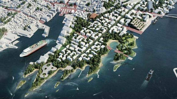 Danske Tredje Natur har kalt prosjektet sitt «Regenerativ by» og legger opp til mer vegetasjon i strandlinjen enn de andre teamene. <i>Illustrasjon: Team Tredje natur</i>