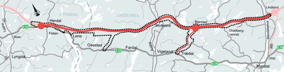  Nye Veier skal realisere 25 kilometer med ny, trafikksikker og fremtidsrettet hovedvei mellom Mandal i Lindesnes og Herdal i Lyngdal.