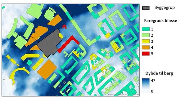 NGI har utviklet en modell som kartlegger hvor utsatte bygninger i tilknytning til et byggeprosjekt er. <i>Illustrasjon:  Norconsult</i>
