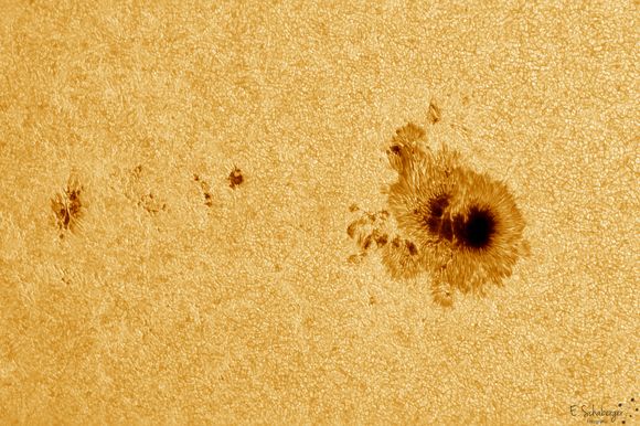 Solflekker: Solflekker er en viktig indikator på solens sykluser. De ser man i stor detalj fra SOHO. <i>Foto: Eduardo-Schaberger-Poupeau</i>