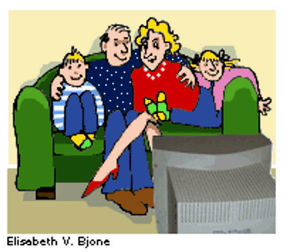 Kjernefamilie foran TV-en.