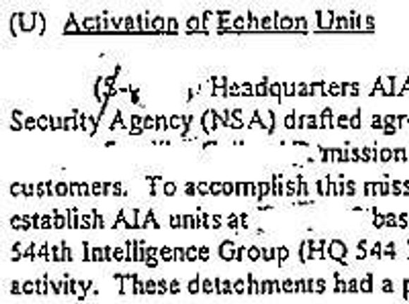 Avgraderte dokumenter fra NSA bekrefter Echelons eksistens. Faksimile gjengitt på Internett av det uavhengige National Security Archive.