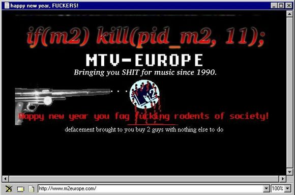 «Nyttårs-defacement» av nettstedet til M2 Europe. <i>Skjermbilde:  digi.no</i>