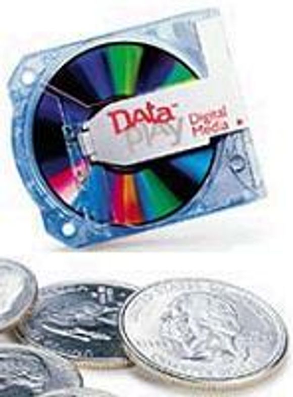 Lagringsmediet DataPlay, sammenlignet med amerikanske 25 cent-mynter.