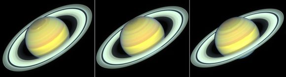 Små fargeforandringer fra år til år viser overgangen fra sommer til høst på Saturn. <i>Foto:  NASA/ESA/STScI/A. Simon/R. Roth</i>