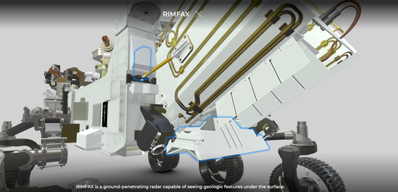 Georadar: Rimfax står for Radar Imager for Mars Subsurface Exploration og veier 2,3 kilo. Den er montert bak på roveren og veier hele 2,3 kg. Den er et av syv instrumenter ombord. <i>Foto:  NASA/JPL</i>