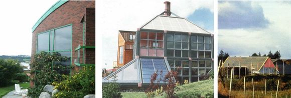 Figur 2. Norske eksempler på bygningsintegrasjon som jeg som arkitekt tidlig utførte. Til venstre, bolig i Hafrsfjord, Stavanger med veggintegrert solenergianlegg, 1985. I midten, fra Bygg for Fremtiden på Forus, 1988, Europas første moderne nullenergibolig med tak og veggintegrert solenergianlegg. Til høyre, Stavanger Squash Senter, 1990, Norges største takintegrerte solenergianlegg. <i>Foto:  Harald N. Røstvik</i>