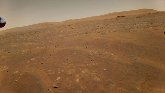 Dette bildet ble tatt av Mars-helikopteret 22. mai, fra 10 meters høyde. <i>Foto:  NASA/JPL-Caltech/AP/NTB</i>