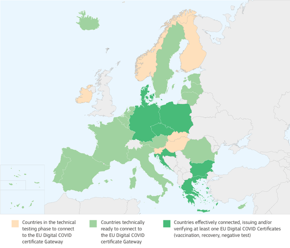 De ulike EU/EØS-landenes status for tilknytning til EUs korona-gateway-system per 2. juni 2021. <i>Illustrasjon:  EU-kommisjonen</i>