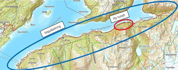 Kartet viser området som skal utbedres i Kvinnherad. <i>Illustrasjon:  Vestland fylkeskommune</i>