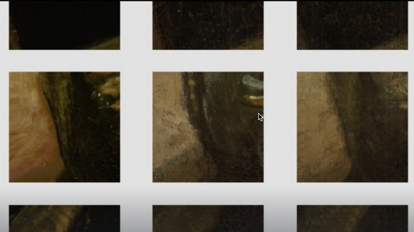 Output fra det nevrale nettverket som har rekonstruert kantene på bildet. Til venstre ser man kopien til Lundens, i midten originalen til Rembrandt, og til høyre AI-ens forsøk på å generere Rembrandts versjon fra Lundens data <i>Skjermbilde: Rijksmuseums video om rekonstruksjonen</i>