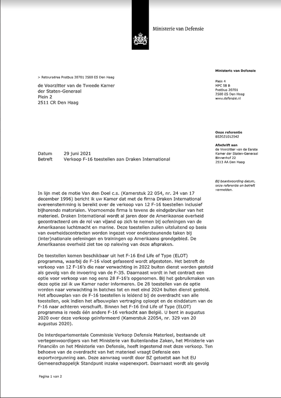 Faksimile av brevet fra det nederlandske forsvarsdepartementet til underhuset tirsdag 29. juni.