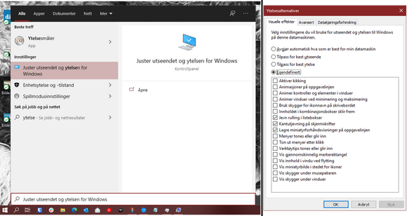 Tips 1: Juster utseendet og ytelsen for Windows <i>Skjermbilde: Windows 10</i>