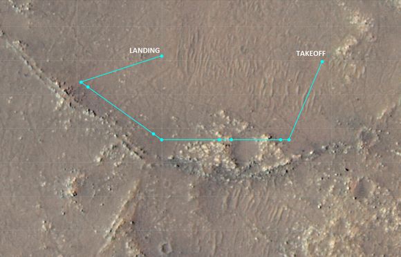 Mars-helikopteret Ingenuity hadde hele ti stopp-punkter på sin tiende flyvning, der det ble tatt stereobilder på fire ulike steder. <i>Foto:  NASA</i>
