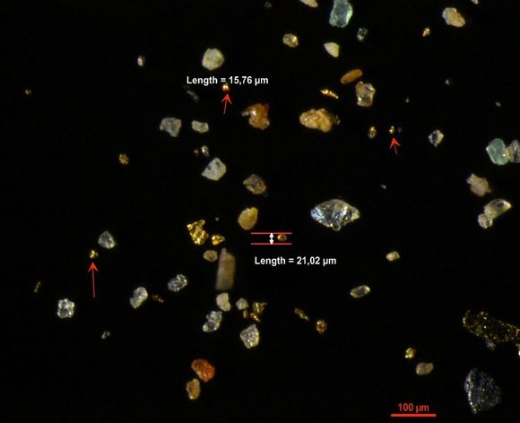 Mikroskopbilde av gullpartikler. En liter gull veier 19,3 kilo, mens egenvekten på sand/stein er cirka 1,9 kilo.