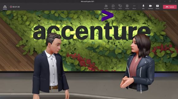 Jason Warnke og Ellyn Shook, begge i Accenture, møtes i selskapets virtuelle etasje gjennom Microsoft Teams. <i>Skjermbilde:  Microsoft</i>