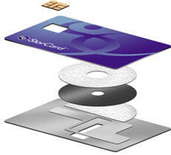 StorCard, en harddisk i kredittkortformat. Her vist i sine enkelte deler. <i>Illustrasjon:  StorCard</i>