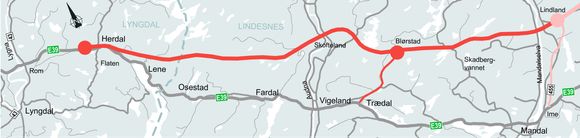 E39 mellom Mandal og Lyngdal har en forventet verdi på 4,7 milliarder kroner eks. mva. Den kommer ut i markedet i september 2022. <i>Illustrasjon:  Nye Veier</i>