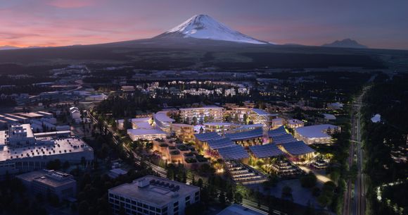 Woven City bygges ved foten av Japans høyeste fjell og vulkan, Fuji-san, som måler 3776 meter. <i>Illustrasjon:  Toyota Corporation</i>