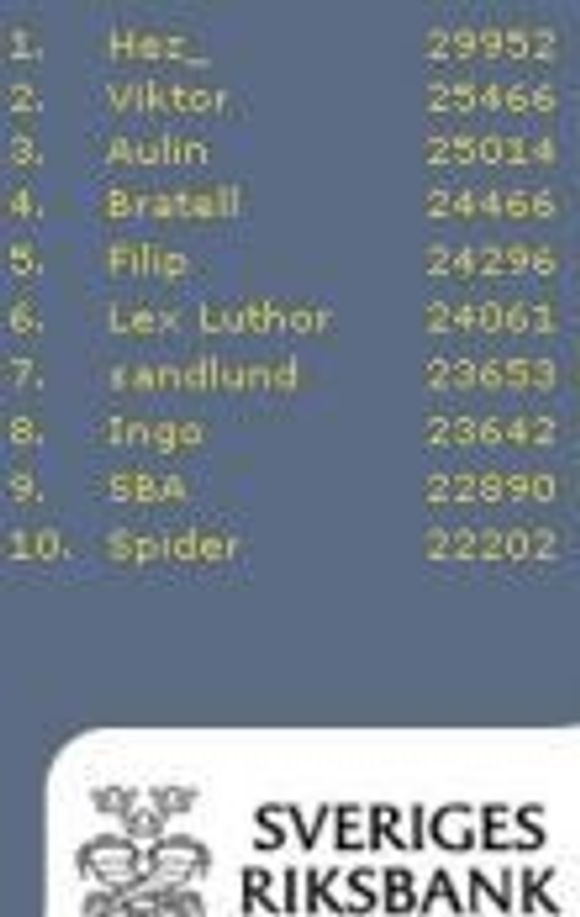 Stargold High Score: High score listen på Sveriges Riksbanks Stargold-spill, effektivt hacket av Hez_, en nordmann som fant ut en enkel måte å vinne spillet på. <i>Faksimile:  Sveriges Riksbank</i>