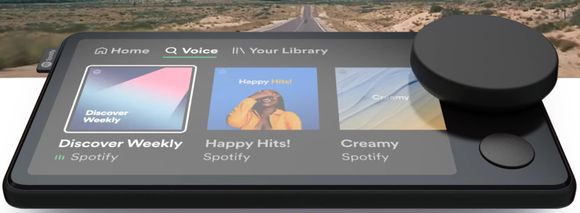 Spotify Car Thing har blant annet et stort, fysisk hjul for å kontrollere avspillingene. <i>Illustrasjon:  Spotify</i>