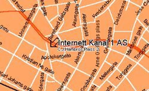 Bilde fra kartet i bedriftsdatabasen Market Select fra Marketinform. Det viser lokalisering av Internett Kanal 1, utgiveren til digi.no. <i>Skjermbilde:  Digi.no</i>
