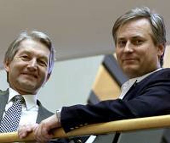 Haakon Skaarer (Contempus) og Truls Berg (Component Software) i anledning kunngjøringen av fusjonen. <i>Foto:  Eirik Rossen</i>