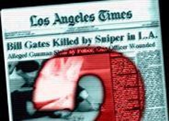 Faksimile fra Los Angeles Times om mordet på Bill Gates. <i>Faksimile:  MacArthur Park</i>