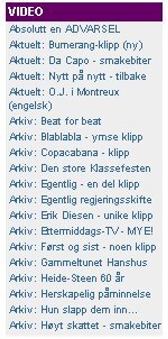 Videoliste hos NRK Underholdningsavdelingen. <i>Faksimile:  NRK</i>