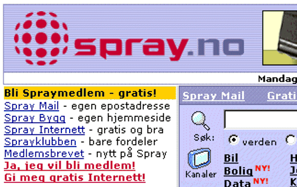 Toppen av Spray.no. <i>Skjermbilde:  Digi.no</i>