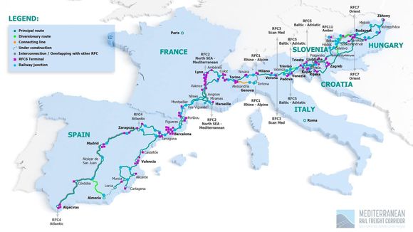 Middelhavskorridoren består av en lang rekke strekninger som forbinder ulike deler av Europa. <i>Illustrasjon:  Mediterranean Rail Freight Corridor</i>