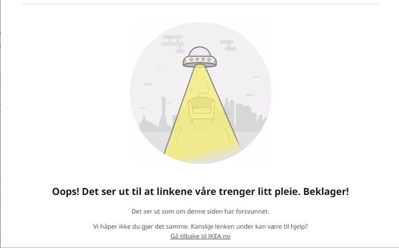 Slik forklarer Ikea hvor møbler (eller websider) iblant bare blir borte. Fra selskapets 404-side. <i>Faksimile:  ikea.com</i>